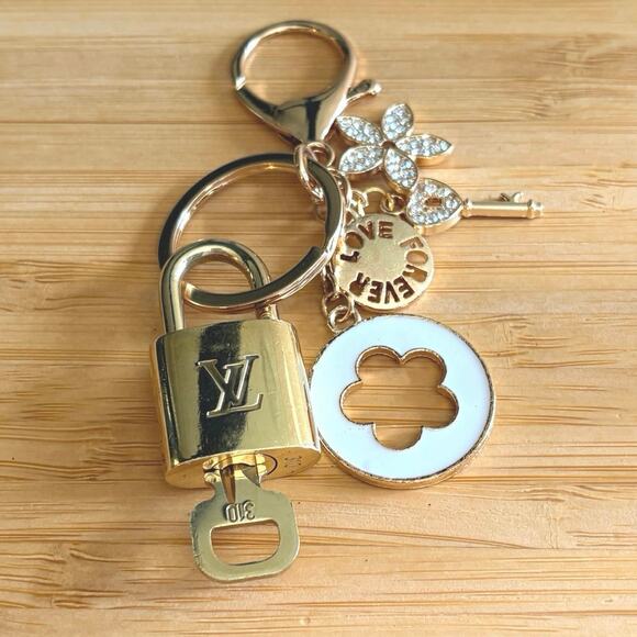 Louis Vuitton Gold-Tone Lock & Key #310 with Flower & Crystal Charms Keychain - Picture 1 of 5